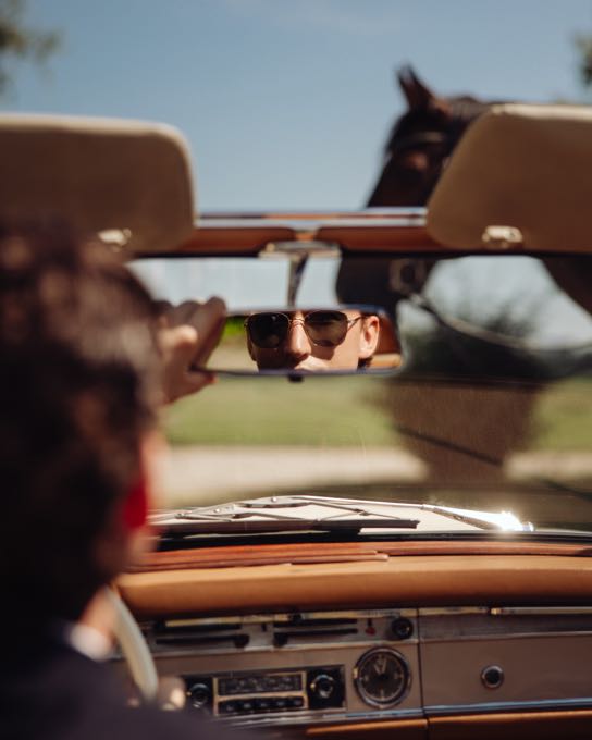 View from a classic convertible onto a horse and a meadow